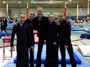 Three members from the Norfort Gymnastics Club competed at the Western Canadian Gymnastics Championships for Alberta. Pictured here from left to right: Emma Guthrie (Edmonton), Shaela Welte (Norfort), Jordyn Sellin (Norfort), Calle Inkster (Norfort), and Kiana Orom (Edmonton). Norfort’s Allison Mulhall (not pictured) also competed at the event in the Provincial Five Open division.  SUPPLIED PHOTO