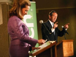 Former South Carolina Governor Mark Sanford makes a point to the moderators during a debate with Democrat Elizabeth Colbert Busch in Charleston, South Carolina April 29, 2013. (REUTERS/Randall Hill)