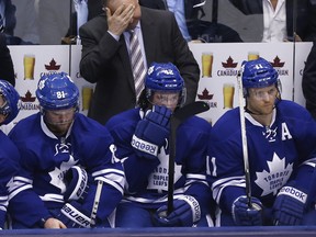 Randy Carlyle and Maple Leafs at bench after empty net goal in Leafs' 5-2 loss to the Boston Bruins at the Air Canada Centre Monday May, 6, 2013. (Craig Robertson/Toronto Sun)