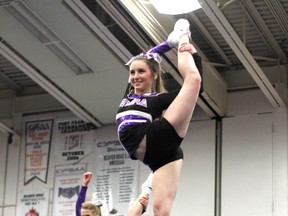 Tops Sami Grano, front and Dana Lockie, back, of the Beaver Brae Broncos Cheerleaders, practice their stunts during the Kenora Aerialettes show in April. The cheer squad heads off to Cheer Evolution Nationals on May 10-12 in Niagara Falls. 
GRACE PROTOPAPAS/Daily Miner and News