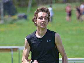 Bobby Neudorf runs in the senior boys 800 metre race at Valley Heights Secondary School on Tuesday, May 7. CHRIS ABBOTT/TILLSONBURG NEWS