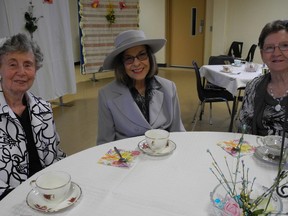 Jean White, Dolores Kaugh and Donnie Badajla attended the Delhi United Church's second annual tea party on Saturday. (SARAH DOKTOR Delhi News-Record)