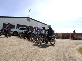 Steve Swindlehurst shouts out encouragement to the ten students participating in the Grande Prairie Regional College Ready To Ride Motorcycle Program on Saturday, May 4