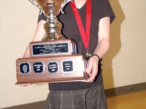 Jessica Robertson holds up the Kenora Area Oral Communications trophy after winning the Kenora Area Public Speaking Contest at King George VI on Wednesday, May 8. Robertson spoke about stereotyping.