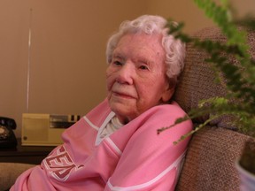 Hazel Stewart is hoping for the Senators to still be in the hunt for the Stanley Cup when she turns 108 on June 9. She hardly misses a game on her trusted AM/FM radio. Doug Hempstead/Ottawa Sun