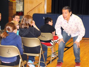 Elizabeth McSheffrey/Daily Herald-Tribune
Former Corner Gas star Lorne Cardinal entertains some interesting career questions from students at Bezanson School on Wednesday.