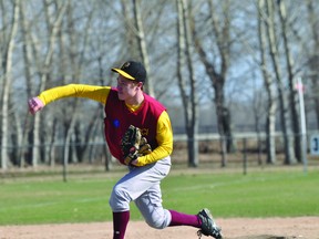 Johl Swedlo of the PCI Trojans throws a pitch during a May 8 game against Morden. (Kevin Hirschfield/THE GRAPHIC/QMI AGENCY)