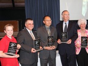 Winners of the Hubert Bray Hubby Awards were recognized at a luncheon at the Caruso Club in Sudbury, ON. on Wednesday, May 8, 2013. The award recipients include Lansdowne Public School, represented by Braeden Powers, 13, Brian Koivu, second left, Steve Lee, Ralph Fenik and Jeanne Conroy. JOHN LAPPA/THE SUDBURY STAR/QMI AGENCY