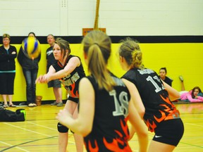 Prairie Fire 14U Inferno’s Kylee Nelson receives a serve at the 16U Provincials over the weekend. The Inferno are one of three Prairie Fire teams heading to Nationals this weekend. (Kevin Hirschfield/THE GRAPHIC)