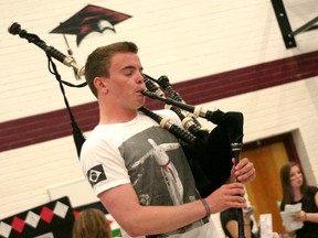 Grade 12 student Justin Steele plays the bagpipes for his peers at John McGregor Secondary School and visiting elementary students at the high school's fourth annual Cultural Diversity Day on May 8.