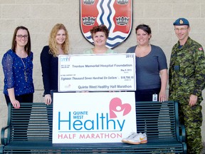 Wendy Warner, centre, executive director of the TMH Foundation accepts a cheque from the proceeds of the Healthy Half Marathon, Thursday morning at city hall. Also shown are Jaclyn Grimmon, manager of recreation and tourism services,; Colleen Vickers, special events coordinator, Bojanna Lough, special events assistant for Trenton Memorial Hospital Foundation and Maj. Ray Stockerman, team captain of the CFB Trenton walking team. The two teams won the team challenge.

Submitted photo.