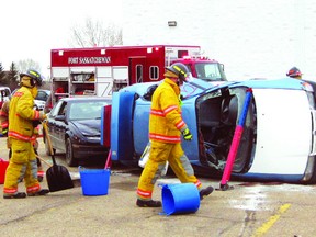 The Prevent Alcohol and Risk-related Trauma in Youth (PARTY) held a mock vehicle collision in front of the Legion for high school students to see. The fake crash, using students as collision victims, was meant to raise awareness to students about the dangers of drinking and driving. Photo Supplied.