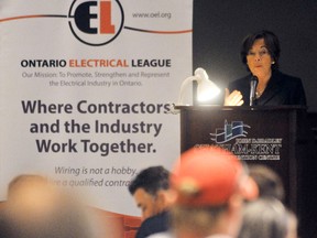 Elizabeth Witmer, chair of the Workplace Safety And Insurance Board, discusses changes and the positive direction of the organization during the Thursday, May 09, 2013 Electrical Industry Conference at the John D. Bradley Convention Centre in Chatham, On. DIANA MARTIN/ THE CHATHAM DAILY NEWS/ QMI AGENCY