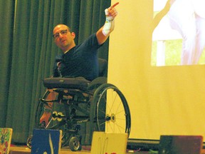 Spencer West, who climbed Mount Kilimanjaro on his hands, spoke to students as part of the inaugural Mini We Day last week, sharing his story of inspiration. Photo by Aaron Taylor.