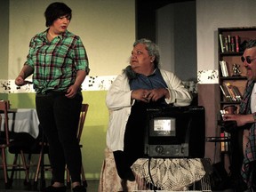 The Calmar Prairie Players had their penultimate rehearsal on Tuesday, May 7, at the Calmar Legion in advance of debuting their 2013 production, The Dangers of VD. The play is running at the Calmar Legion until Saturday.
From left: Nicole Sullivan as Jacqui, Cindy Thorton as Gran, and Chris McKerracher as Gramps.