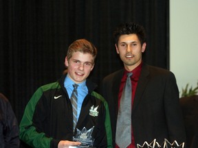 Sam Steel poses with head coach Tyrel Spitzer after accepting the Bantam AAA Flyers MVP award. Photo by Shane Jones/Sherwood Park News/QMI Agency