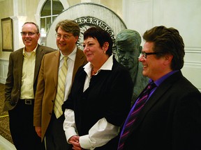 From left: Terry Fallis, Marc Cote, Cassie Stokes and Andrew Kaufman stand for photos as the sculpted bust of Leacock peers over Stokes’ shoulder. Fallis and Kaufman were fellow nominees, while Cote was representing nominee William Whitehead.