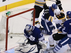 David Krejci’s OT shot goes “right through” James Reimer to end Wednesday’s game at put the Leafs down 3-1 in the series. (Dave Abel, Toronto Sun)