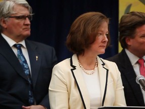 Caption the photo and we'll print some of the best in Monday's paper. Here's what was really going on: Premier Alison Redford (centre) and Deputy Premier Thomas Lukaszuk (right) at a press conference Monday, May 6, 2013. (Screen capture)