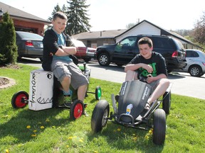 Hayden, 9, left, and his brother Jack Stewart will racing in the second annual Legends Soapbox Derby on June 1 as part of the Springtime in Paris festival. MICHAEL PEELING/The Paris Star/QMI Agency