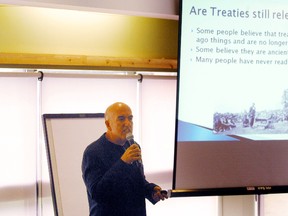 Nipissing First Nation resident Fred Bellefeuille, a lawyer involved with treaty rights, said fishing is a proud tradition and part of the Nipissing culture that was once driven underground because of government pressure, he told the Lake Nipising Summit on Thursday. (MARIA CALABRESE The Nugget)