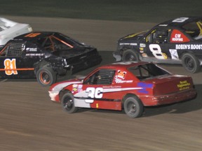 A group of drivers that includes eventual Rookie Division winner Dwight Feltham (81) makes a turn at Brockville Ontario Speedway in September 2012. (RECORDER AND TIMES FILE PHOTO)