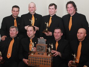 After three gruelling days of rigorous testing, the Mine Rescue Competition wrapped up with an awards gala on Friday evening. Many awards were handed out to deserving mine rescuers, but the Percy C. Smith award for overall performance in the Timmins district was handed out to Kirkland Lake Gold, their fourth win in as many years. From left to right starting in the back row: Wayne Baker, Nick Perrier, Lino Therien, Hugh Rodgers and Jason Dicaire. Front row from left to right: Cliff McGill, Hubert Gour, Pierre Belanger and Greg Evans. Photo taken on Friday, May 10, 2013 in Timmins. KYLE GENNINGS/TIMMINS DAILY PRESS/QMI AGENCY