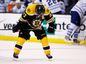Boston's Patrice Bergeron's line with Tyler Seguin and Brad Marchand has struggled vs. the Leafs. (Getty Images/AFP)