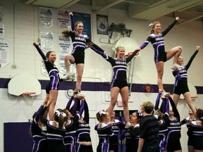 The Beaver Brae Bronco Cheerleaders hold the final pose of their pyramid during a show in front of students at the high school. The Bronco cheerleaders captured their first ever national championship on Saturday, May 11 at the Cheer Evolution 2013 Canadian National Cheer and Dance Championships.

GRACE PROTOPAPAS/KENORA DAILY MINER AND NEWS/QMI AGENCY