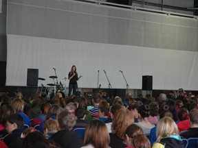 Speaker Kelly Falardeau faced a packed Stony Plain Pavilion audience May 2 during the area’s first Power in Me Day event. - April Hudson, Reporter/Examiner