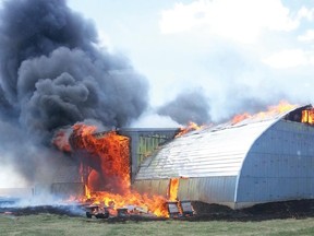 A fire near Arrowwood burned down a Quonset during the afternoon of May 7. There was farm equipment inside the structure, but firefighters were able to keep the fire off them, said Bill Graff, fire chief for the Northwest Fire Department. Grass did burn by some of the bins, but the fire didn’t get away from firefighters, he said.
Submitted photo