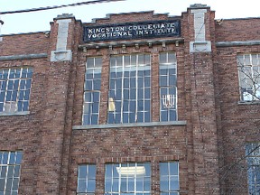 Kingston Collegiate Vocational Institute. The projecting limestone entrance to KCVI highlights the Modern Gothic, or Beaux-Arts Gothic – also known as Collegiate Gothic – architectural style popular with the Ministry of Education in the 1930s, 1940s and 1950s.