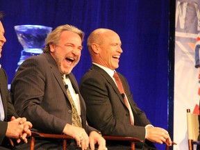 Edmonton Oilers alumni Glenn Anderson and Mark Messier share a laugh during the hotstove segment of the One on One banquet in support of the Keyano College Huskies Athletics Endowment Saturday evening at the Syncrude Sport and Wellness Centre.   TREVOR HOWLETT/TODAY STAFF