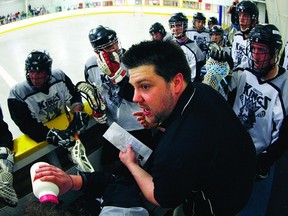 Coach Mike Dube talks to his team during a time out in a pre-season game between the Kingston Kings and Gloucester Griffins at Centre 70 arena.The Kings will open their regular schedule Thursday, May 9, at home against Gloucester.      ERIC HEALEY - KINGSTON THIS WEEK