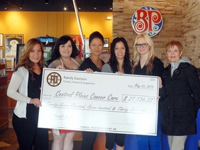 L-R Ember Rodgers, Kaitlynd Brown, Janine Kim, Carly Trowsky, and Callie McArthur present a cheque for $27,736.22 to Daisy Dowhy of Central Plains Cancer Care Services, Monday morning. The funds were raised from a social held at the Herman Prior Centre on May 3 and the t-shirts sold in memory of Randy Davison. (ROBIN DUDGEON/PORTAGE DAILY GRAPHIC/QMI AGENCY)