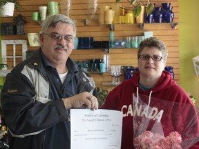 In support of the 2013 Multiple Sclerosis (MS) Carnation Campaign, the Cold Lake Knights of Columbus (KOC) have made a contributory donation of $1,000.

“But we make a double touch,” said (KOC) representative Patrice Roussel, “while we give $1,000 for the flowers, we distribute those flowers in (all Catholic churches in Cold Lake) for Mother’s Day.” 

Recipient for the MS Society Suzanne Deschamps expressed her gratitude for the donation and as noted by Roussel during the cheque presentation, the KOC have been donating annually to the MS Society for over 12 years. 

“It’s my way of supporting the (people with MS)” said Roussel, “both my mother and mother-in-law had MS.”