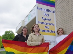 Oxford County will show their support this Friday for International Day Against Homophobia with two events including a walk. From left are organizers Tracey Rhea, Gayle Milne and Pat Baigent. (HEATHER RIVERS/WOODSTOCK SENTINEL-REVIEW)