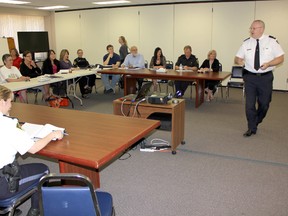 South Bruce OPP inspector Scott Smith speaks to a group of community and regional representatives at the first Safe Communities Committee meeting at the Kincardine Municipal Administration Centre on May 9, 2013. (TROY PATTERSON/KINCARDINE NEWS)