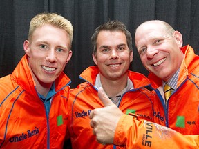 Dave Nedohin (centre) poses with his new teammates Marc Kennedy (left) and Kevin Martin (right) after he was announced as the new third on Team Martin at the Saville Center last Wednesday. Amber Bracken QMI Agency