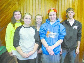 The five Mayerthorpe Junior Senior High School students who represented their school at badminton provincials in Calgary on Friday and Saturday, May 3 and 4, are: from left, back row, Erin Chadd, a 17-year-old Grade 11 student, Mikaela Klemp, a 16-year-old Grade 10 student, Lee Worobec, a 16-year-old Grade 10 student, and, front row, Brooke Bablitz , a 17-year-old Grade 11 student, and Christian Lafreniere, a 17-year-old Grade 12 student.