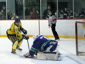 Bobcats forward Kyle Rowe tries to stuff the puck past Nickel Barons’ goaltender Michael Muzykr during a game from February at the Centennial Arena, but Muzykr snatches up the loose puck.