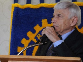 Max Eisen, Holocaust survivor, discusses his experience as a Jewish boy during the Nazi occupation. Eisen was a guest speaker at Monday's Rotary Club meeting in Belleville.