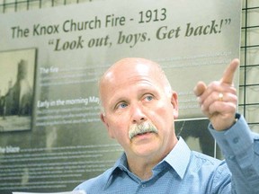 Retired firefighter Rick Micks offers a historic perspective of the tragic Knox Church fire during a memorial service at Stratford Perth Museum Monday. (SCOTT WISHART The Beacon Herald)