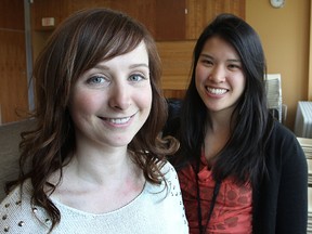 Caitlin Jones, left, has been successfully treated for skin cancer and is taking part in a public awareness campaign about tanning beds created by Clare Mak, a public health nurse with KFL&A Public Health.
Michael Lea/Whig-Standard