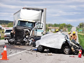 Highway 17 was closed for most of Monday, May 11 after a tractor trailer and a car collided just north of Oattes Road. The two people in the car were killed, while the driver of the truck was released from hospital later in the afternoon. For more community photos please visit our website photo gallery at www.thedailyobserver.ca.