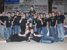 The members of the MUCC Comets’ Archers senior team clebrate their gold medal victory in Star City at NASP Provincials on Saturday, May 11.