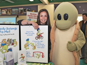 Carrie Sinkowski of the Sexual Assault Centre of Brant stands with Taylor the Turtle, the mascot for a sexual abuse prevention program created by the Sexual Assault Centre of Brant, and is available to anyone in the community free of charge. (BRIAN THOMPSON, The Expositor)