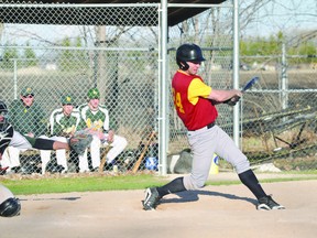 Scott Wiebe takes a swing during the PCI Trojans doubleheader against WC Miller on May 14. (Kevin Hirschfield/THE GRAPHIC/QMI AGENCY)