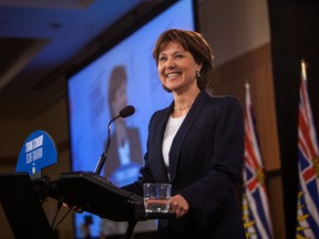 Christy Clark takes the podium for her acceptance speech at BC Liberal headquarters in Vancouver, British Columbia, Tuesday May 14, 2013 (GEOFF LISTER/24 HOURS)