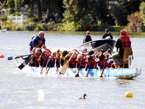 The Woodstock Junior Buccaneers take part in a competition last year with the Woodstock Dragon Boat Club. The Buccaneers are one of four teams with the club that will start its second year in late-May and early-June when all teams hit the water once again. (Submitted photo)